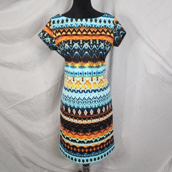 SHELBY & PALMER Size 10 Colorful Tribal Print Short Sleeve Knee Length Dress EUC - Picture 1 of 10